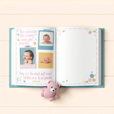 A baby book, open and lying on a wooden surface, filled with colorful pages. The left side displays photos of a newborn, including close-ups of tiny fingers and toes, along with a smiling baby face. Handwritten notes in a playful font accompany each photo, detailing dates and milestones. The right side features an empty space with a decorative border, inviting future entries. Soft pastel colors dominate the pages, and small illustrations of toys and animals are scattered throughout the book. A plush teddy bear rests beside the book, adding to the cozy atmosphere.