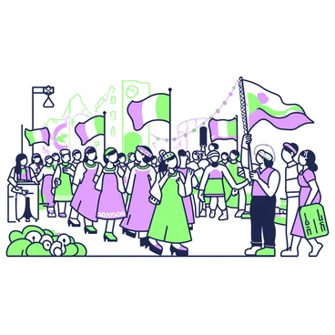 A colorful parade celebrating immigrant heritage with flags and traditional attire