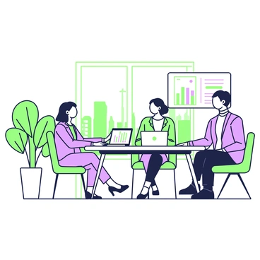 A sleek modern office is filled with natural light, showcasing large windows that provide a view of a bustling cityscape. In the center, there is a glossy conference table surrounded by high-backed chairs. A group of three professionals, two women and one man, are seated at the table. One woman has long hair and is wearing a tailored blazer, while the other has short hair and is dressed in a smart blouse. The man has medium-length hair and is wearing a suit. They are engaged in a discussion, with documents and a laptop open in front of them, showing graphs and charts. A wall-mounted screen displays a presentation with key points outlined in text. A potted plant sits in the corner, adding a touch of greenery to the office environment.