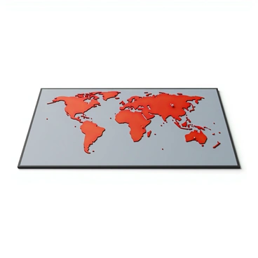 A world map displayed on a flat surface, featuring distinct colors that highlight the countries affected by a new executive order. The countries shown are shaded in a bold red to easily distinguish them from other nations. The map includes clear borders and labels for each country, along with a legend in the corner explaining the significance of the highlighted areas. Additional markers are placed on major cities within the affected countries for context. The ocean surrounding the landmasses is portrayed in a muted blue tone.