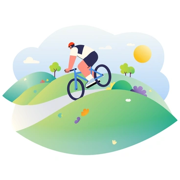 A cyclist with a red helmet is riding a blue mountain bike over a series of small hills that resemble a roller coaster. The hills are green with patches of wildflowers in vibrant colors such as yellow and purple. In the background, there are a few trees with bright green leaves. The cyclist's shirt is white with black accents, and they are leaning forward as they pedal uphill. The sun is shining brightly in a clear blue sky, creating a warm atmosphere. The path is winding, showing the ups and downs of the hills.