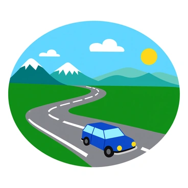 A blue 4x4 vehicle driving on an endless highway that stretches into the distance. The highway is flanked by lush green grass on both sides. In the background, there are tall mountains with snow-capped peaks under a clear blue sky. The sun is shining brightly, casting soft shadows on the road. A few fluffy white clouds are scattered across the sky. The scene conveys a sense of adventure and freedom.