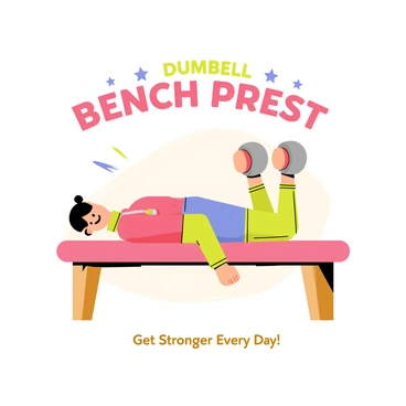A poster featuring a person in a retro athletic outfit performing a dumbbell bench press. The individual is shown lying on a classic wooden bench, lifting two gray dumbbells above their chest. The background has a subtle gradient of soft colors, enhancing the vintage feel. "Dumbbell Bench Press" is written in bold, vintage typography at the top, while "Get Stronger Every Day!" is displayed in a smaller font below the main title. The overall composition includes decorative elements like rays or stars around the text, adding to the retro aesthetic.