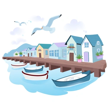 A charming seaside village is depicted with rustic wooden boats gently bobbing in the harbor. The boats are painted in various pastel colors, giving them a welcoming appearance. The quaint harbor features weathered wooden docks, with some boats tied securely while others rest freely. Above, a flock of seagulls glides gracefully, their wings spread wide against a soft sky. Colorful beach houses line the waterfront, each with unique designs and little balconies adorned with potted plants. The scene conveys a sense of tranquility, surrounded by the gentle lapping of waves.