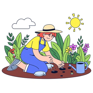 A gardener planting seeds in a lush, green garden