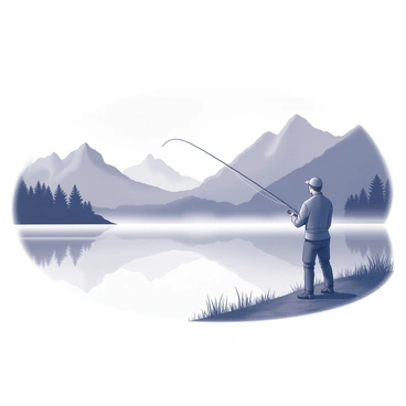 A fisherman is standing on the shore of a calm lake, casting his fishing line into the water. The fisherman is dressed in a simple fishing outfit, with a cap that shades his face. In the background, tall mountains rise majestically, their peaks silhouetted against the early light of dawn. The surface of the lake is smooth, reflecting the outlines of the mountains and the soft shapes of nearby trees along the shore. Mist gently hovers above the water, adding to the tranquil atmosphere of the scene.