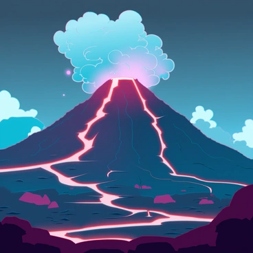 A large, imposing volcano with a rugged, rocky surface is beginning to erupt. The summit is spewing a thick cloud of ash and smoke into the air, creating an ominous atmosphere. Bright orange lava is oozing down the steep sides of the volcano, illuminating the surrounding landscape with a fiery glow. The ground is cracked and charred, showing signs of the intense heat. In the foreground, there are a few scattered boulders and patches of blackened vegetation, emphasizing the volcanic activity. The sky above is dark and filled with billowing clouds of ash, adding to the dramatic scene.