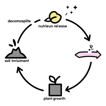 A circular diagram illustrating the life cycle of decomposers in nature. The diagram features distinct sections representing the stages: "decomposition," "nutrient release," "soil enrichment," and "plant growth." Arrows connect each stage, clearly indicating the flow of processes. Each section is labeled with bold text, and simple icons represent each stage, such as a leaf for "plant growth" and a compost pile for "decomposition." The background is minimalistic, emphasizing the diagram and its components.