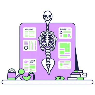 A school science project board is displayed upright, showcasing various sections of information. At the center, there is a detailed paper mache snake skeleton positioned prominently. The skeleton features distinct vertebrae and ribs, all crafted with care. Surrounding the skeleton, there are labeled sections that include illustrations of snake anatomy and information about habitats. Colorful charts and diagrams provide additional context, while small props such as magnifying glasses and models of snake eggs are placed in front of the board for added engagement.