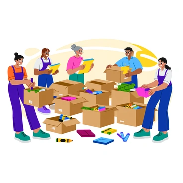 A group of diverse volunteers is sorting an assortment of school supplies into several cardboard boxes. The volunteers are of various ages and ethnicities, each engaged in the task with focus and teamwork. The scene is filled with vibrant items, including bright notebooks, colorful packs of crayons, and various art supplies scattered around them. Each box is labeled and overflowing with school supplies, creating a lively atmosphere. Sunlight flows in from a nearby window, illuminating the cheerful scene.