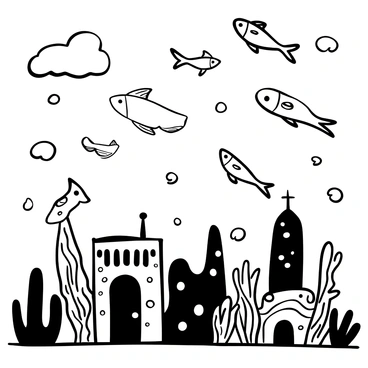 A school of flying fish with elongated bodies and delicate fins gliding gracefully through the air. The fish are caught in mid-flight, showcasing their streamlined forms and intricate fin designs. Below them, an underwater city with tall, intricate structures resembling coral reefs and fantastical sea creatures. The buildings have swirling patterns and various textures, suggesting an otherworldly atmosphere. Bubbles rise from the city, creating a sense of movement and depth in the scene. The sky above features soft, flowing shapes, adding to the dreamlike quality of the composition.