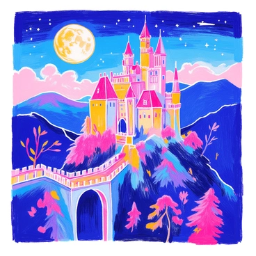 A medieval castle with tall stone towers and narrow windows is perched atop a steep hill. The castle has a large arched entrance and a drawbridge visible in the foreground. The full moon casts a bright glow, illuminating the outline of the castle against the night sky. Surrounding the hill are dark silhouettes of trees and distant mountains, enhancing the dramatic effect of the scene. Stars can be seen twinkling in the sky, adding to the atmosphere.