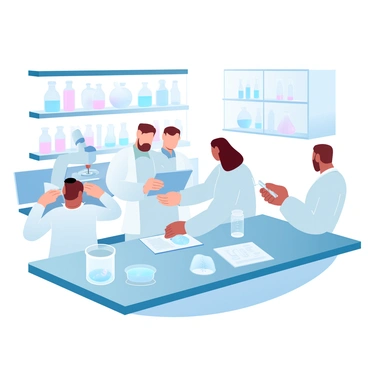 A group of scientists in lab coats is gathered around a sleek, modern laboratory bench. One scientist is examining a petri dish under a microscope, while another is writing notes on a digital tablet. A third scientist is measuring a liquid in a beaker with a pipette. Various scientific equipment, such as centrifuges and computers, are organized neatly on the counters. The walls of the laboratory are lined with glass cabinets filled with colorful bottles and samples, creating a vibrant atmosphere of healthcare research.