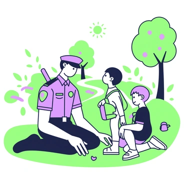 A police officer is kneeling down in a park, interacting with a lost child. The officer is wearing a dark uniform with a badge clearly visible on the chest. The child, looking up at the officer, has short hair and is holding a small green backpack. The officer displays a friendly smile, creating a reassuring atmosphere. In the background, there are trees with leaves and paths winding through the park, along with a few scattered toys on the grass. The sun is shining, casting soft shadows on the ground, contributing to a warm and welcoming scene.