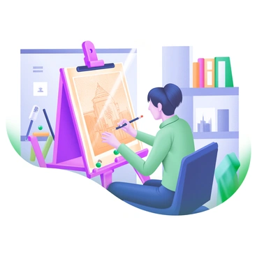 An artist seated at a wooden easel, focused on recreating a historical scene with traditional drawing techniques. The artist is using a pencil to sketch outlines on a sheet of textured paper. Surrounding the artist are various drawing tools, including charcoal sticks and erasers. Bright light shines down, illuminating the artist and the detailed sketch of a historical event that is partially visible on the paper. In the background, a shelf holds art books and reference images related to the historical scene.