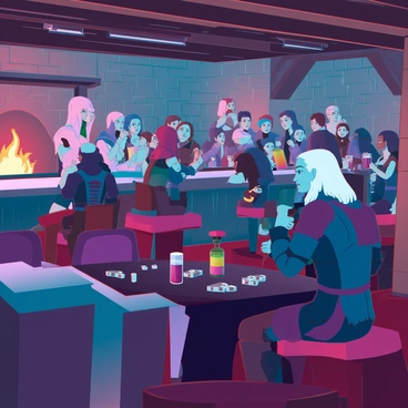 A busy medieval tavern with a witcher sitting at a corner table, listening to the lively chatter