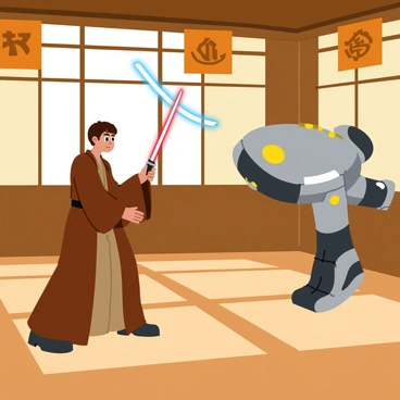 A young Jedi in a flowing brown robe, practicing dynamic lightsaber techniques. The Jedi has short, dark hair and a focused expression. A floating training droid hovers nearby, displaying a smooth, metallic surface with blinking lights. The dojo features wooden floors, decorated with banners that exhibit various Jedi symbols. Sunlight filters through large windows, casting soft shadows on the ground. The young Jedi stands in a ready stance, prepared to engage with the droid as it emits a soft hum.
