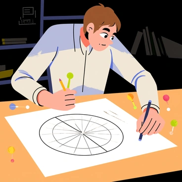 An artist seated at a wooden table is focused on sketching a dartboard scene using multiple pencils. The dartboard is circular with alternating red and green sections, and a small number '20' is visible at the top. Various darts are scattered around the table, some having bright red and yellow flights. The artist's hand is positioned over the paper, which displays a detailed outline of the dartboard. A few smudged pencil marks indicate the beginning stages of the artwork. The background includes a dimly lit room with shelves lined with drawing supplies.