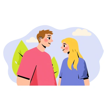 A cartoon-style scene depicting two characters. The first character, a person with short brown hair and wearing a red shirt, is gazing at a second character with long blonde hair dressed in a blue dress, showing their expression of envy. Behind the first character, there is a green shadow that subtly contrasts with the surrounding colors. The background consists of a simple park setting with a blue sky and a few fluffy clouds.