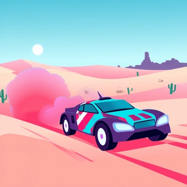 A sleek rally car with a vibrant color scheme is speeding through a vast sandy desert landscape. The car is low to the ground with racing stripes and decals adorning its body. A cloud of dust is billowing behind it, swirling in the air and settling on the hot sand. The sun is high in the sky, casting sharp shadows on the undulating dunes. In the distance, a few scattered cacti and rocky formations break the monotony of the landscape, while the blue sky contrasts against the warm tones of the desert.