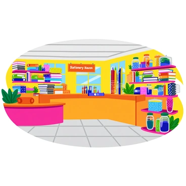 A stationery shop with vibrant shelves stacked high with colorful notebooks. The notebooks come in various sizes and designs, featuring bright covers with patterns like polka dots, stripes, and floral prints. On the counter, an array of pens in different shades is displayed in clear jars, showcasing their vivid inks. The floor is tiled with light gray squares, and natural light streams in through large windows, illuminating the cheerful colors of the stationery. A small sign hangs on the wall that reads "Stationery Haven" in playful font.