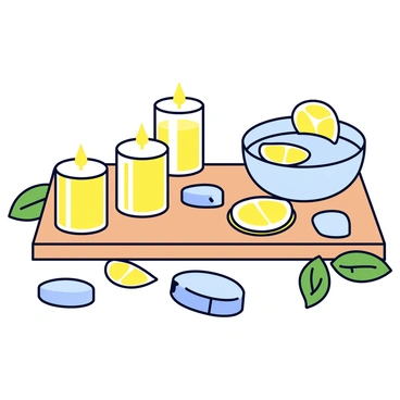 A minimalistic spa setting with a set of yuzu essential oil candles arranged neatly on a wooden surface. Each candle is in a simple glass holder, emitting a soft glow. Next to the candles, there is a bowl filled with water, and several slices of yuzu are floating on the surface, their vibrant yellow color contrasting with the clear water. The background features smooth stones and a few green leaves to emphasize the tranquil atmosphere.