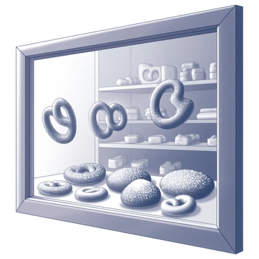 A bakery window featuring an elaborate display of brezels. The brezels have intricate shapes and are arranged in a visually appealing manner. Some brezels are twisted into various forms, while others are topped with coarse salt. The glass window reflects the surrounding environment, showcasing the light and shadows created by the sunlight. The frame of the window is wooden, adding a rustic charm to the scene. The inside of the bakery is faintly visible, hinting at more baked goods on the shelves.