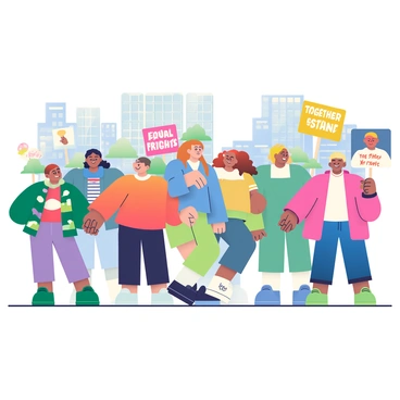 A diverse group of people is standing together in a city square, holding hands and raising signs with various messages of unity and peace. The group includes individuals of different ethnicities and ages. Some individuals are wearing colorful clothing, while others have on casual attire. There are several signs displaying messages such as "Equal Rights" and "Together We Stand." In the background, there are buildings with glass facades and greenery, adding vibrancy to the scene. The expressions on the individuals' faces range from determined to hopeful.