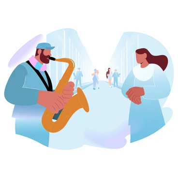 A street musician playing a saxophone, with Maya Angelou listening thoughtfully nearby