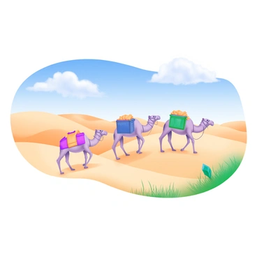 A camel caravan transporting goods across a vast desert landscape