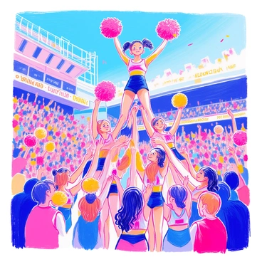 Cheerleaders performing a pyramid stunt at a lively sports event with colorful pom-poms.