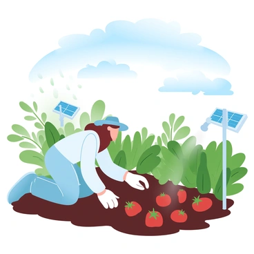 A gardener is kneeling on the soil, tending to vibrant green vegetables within a lush garden. The gardener is wearing a wide-brimmed hat and light-colored clothing, designed for outdoor work. A solar-powered watering system is positioned nearby, with tubes and sprayers positioned strategically among the plants. The garden is filled with various vegetables, including tomatoes, peppers, and leafy greens, all thriving under the sunlight. A blue sky with fluffy white clouds stretches above, creating a bright atmosphere for the scene.