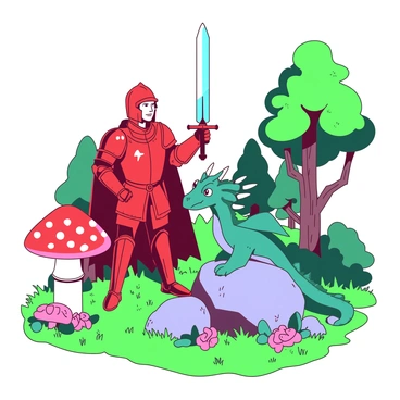 A red knight in shining armor is standing confidently in a vibrant green clearing within a whimsical forest. The knight is holding a blue sword raised high, reflecting sunlight. In front of the knight, a teal dragon with sparkling scales is perched on a large rock, its wings folded against its sides. The dragon has wide eyes and a friendly expression, creating an inviting atmosphere. Surrounding them are oversized, colorful mushrooms and trees with twisting trunks, adding to the enchanting scenery. Bright flowers in various shades are scattered throughout the lush grass, completing the magical setting.