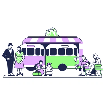 A 1950s themed bus station is bustling with activity. Several old-fashioned buses are parked in front of the station, each displaying unique designs typical of that era. People are gathered around, dressed in vintage attire. A man in a fedora and a tailored suit stands next to a woman in a polka-dot dress, holding a small suitcase. Nearby, a family with children is preparing to board a bus, the kids wearing classic caps and dresses. The bus station features retro signage above the entrance, and a bench with a curved design is situated along the sidewalk, where an elderly couple sits, looking at a newspaper.