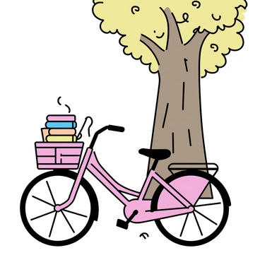 A pink bike with a vintage design stands next to a large tree, its trunk thick and textured. The bike features a woven basket at the front, overflowing with library books of various colors and sizes. The tree's leaves create a dappled pattern of light and shadow on the ground. The setting is peaceful, highlighting the bike's bright color against the earthy tones of the tree and the surrounding grass.