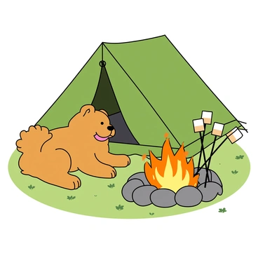 A fluffy chow chow dog with a thick, orange coat is resting comfortably beside a large green tent. The tent has a classic triangular shape and is partially open, revealing shadows of camping gear inside. Nearby, a campfire is crackling with bright orange and yellow flames flickering above a circle of smooth stones. Several marshmallows are skewered on long sticks, leaning over the fire, with a few of the marshmallows starting to turn a golden brown. The ground is covered in a mix of grass and scattered leaves, creating a cozy camping atmosphere.