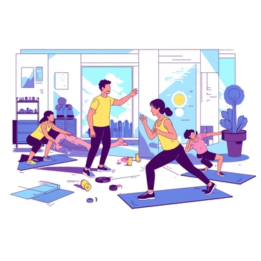 A spacious gym filled with bright natural light is buzzing with energy as a trainer guides pairs of clients through partner workouts. In one area, two clients are performing synchronized squats, while another pair is engaged in a friendly competition to see who can do the most push-ups. The trainer, wearing a yellow shirt, is demonstrating proper form and providing encouragement. Various gym equipment is scattered around, including weights and exercise mats. The clients are focused and motivated, showcasing a sense of camaraderie and teamwork as they support each other.