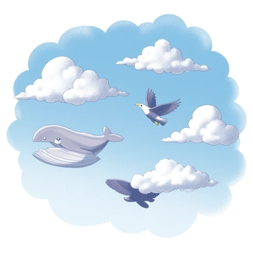 A bright blue sky filled with a variety of unique cloud formations. Each formation takes on the distinct shape of different animals, such as a fluffy cloud resembling a whale, another shaped like a soaring eagle, and a third appearing like a playful dog. The clouds vary in size and texture, creating an engaging visual of dynamic, whimsical shapes. The scene captures the beauty and imagination found in nature.