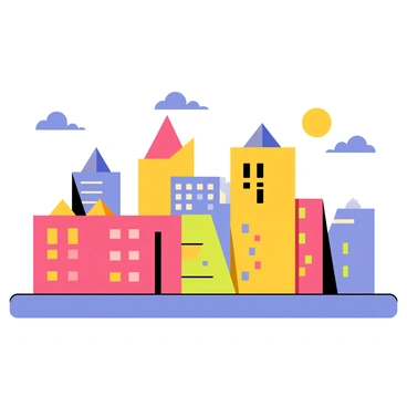 An abstract depiction of a city using bold colors and geometric shapes