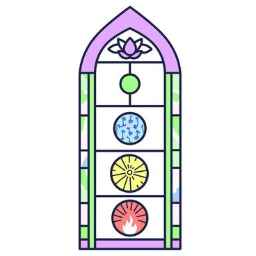 A stained glass window features seven distinct sections, each representing a chakra. The first section at the bottom shows a red circle with a vibrant flame design. Above it, an orange circle displays intricate patterns resembling waves. The third section has a yellow circle with a sun motif, radiating lines outward. The green circle sits above it, adorned with leaf designs. The fifth section displays a blue circle with flowing water patterns. The sixth section features an indigo circle embellished with stars. At the top, a violet circle represents a lotus flower with open petals. Each section is bordered by green and purple outlines, enhancing the overall design.