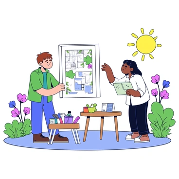 A landscape designer is standing beside a homeowner, both looking at a large blueprint of a garden layout. The designer has short brown hair and is wearing a green shirt. The homeowner has long black hair and is dressed in a white blouse. They are surrounded by a variety of colorful flowers, green shrubs, and small trees in the background. The sun is shining brightly, casting soft shadows on the ground. There is a small wooden table nearby, holding garden tools and a notepad with sketches.