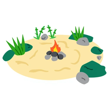 A zen garden with smooth, light-colored sand raked into precise patterns. In the center, there is a bonfire made of small, carefully arranged stones, forming a triangle that represents the fire triangle. The stones have various textures, with some being round and others angular. Surrounding the garden, there are lush green plants and bamboo, adding a touch of natural beauty. A few larger stones are strategically placed, contrasting with the finer gravel. The scene is illuminated by the warm glow of the bonfire.