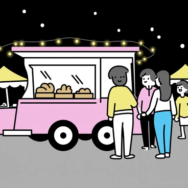 A bakery truck, painted in pastel colors, is parked at a night festival. The truck is adorned with glowing string lights, creating a warm atmosphere. The serving window is open, showcasing a variety of warm breads, neatly arranged on wooden trays. A few customers are lined up in front of the truck, smiling and chatting. In the background, there are festival decorations and other food stalls, adding to the lively scene. The night sky is dark, with the light from the truck brightly illuminating the surrounding area.