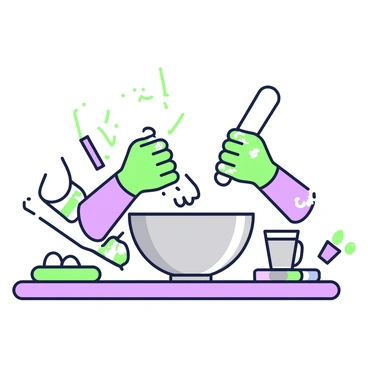 A pair of hands is actively mixing dough in a large stainless steel bowl. The hands are covered in flour, displaying a few streaks of dough. The bowl is positioned on a wooden countertop, with flour dust scattered around it. There are additional baking utensils nearby, including a rolling pin and a measuring cup. In the background, a few ingredients like eggs and a bag of flour are visible. The scene captures the motion and effort involved in the baking process.