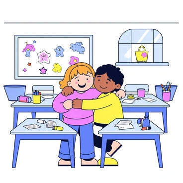 Two children are hugging each other in a classroom. They have bright, cheerful expressions on their faces. The classroom is filled with colorful children's artwork displayed on the walls, featuring drawings of animals and abstract shapes. There are desks neatly arranged with various school supplies scattered about, including crayons and paper. A window lets in natural light, adding to the warm atmosphere in the room.