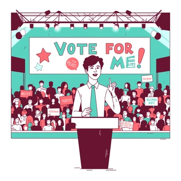 A young high school student stands confidently at a podium in the center of a gymnasium filled with students. The student's hair is styled neatly, and they wear a crisp white shirt paired with a teal tie. Behind the podium, a large banner displays the words "Vote for Me!" in bold letters. Students are seated in rows, some holding colorful signs with supportive messages. The gymnasium is decorated with balloons in a combination of red and blue, creating an energetic atmosphere. Bright lights shine down from the ceiling, illuminating the candidate as they passionately deliver their speech, gesturing with their hands to emphasize key points.