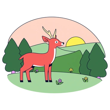 A roe deer with a slender body and a short, reddish-brown coat stands on a grassy hilltop. The deer's large, alert eyes gaze out over a wide valley filled with lush green trees and rolling hills. The sun rises in the background, casting a warm golden light that softly illuminates the scene. The sky is a gradient of soft orange and pink hues, creating a tranquil atmosphere. Delicate wildflowers dot the hillside around the deer, adding splashes of color to the landscape.