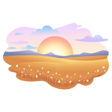 A vast Russian steppe is depicted, stretching endlessly into the distance. The ground is covered with golden grasses that sway gently in the breeze. In the background, a dramatic sunset paints the sky with gradient pastel colors, transitioning from deep oranges to soft purples. The horizon is lined with distant hills, their silhouettes contrasting against the vibrant sky. Fluffy clouds catch the warm hues of the sunset, adding depth to the scene. Scattered patches of wildflowers bring splashes of color to the grassy expanse.
