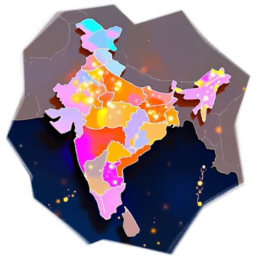 A night-time map of India, showcasing the country's outline against a dark sky. The map is adorned with vibrant patterns of festival lights that twinkle and shine in various colors. Major cities are highlighted, with clusters of lights representing celebrations, such as Diwali and other regional festivals. The lights form intricate designs, resembling floral patterns and traditional motifs, casting a warm glow across the landscape. The overall effect is a stunning visual representation of the festive spirit of India, with bright hues illuminating the geographical details.