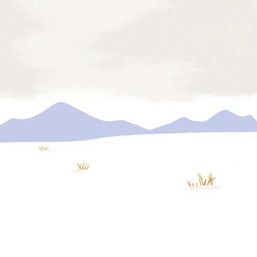 A frozen tundra covered in a thick layer of white snow extends across the foreground. In the background, there are distant icy mountains with sharp peaks and a bluish tint. The sky above is filled with thick, gray clouds, casting a soft light over the landscape. A few patches of sparse, brown vegetation are visible on the tundra, providing a slight contrast against the white snow. The overall scene conveys a sense of vastness and coldness in the environment.